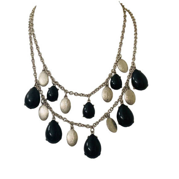 Black Teardrop Silver Oval Statement Bib Two Strand Chain Necklace Adjustable - Picture 1 of 8